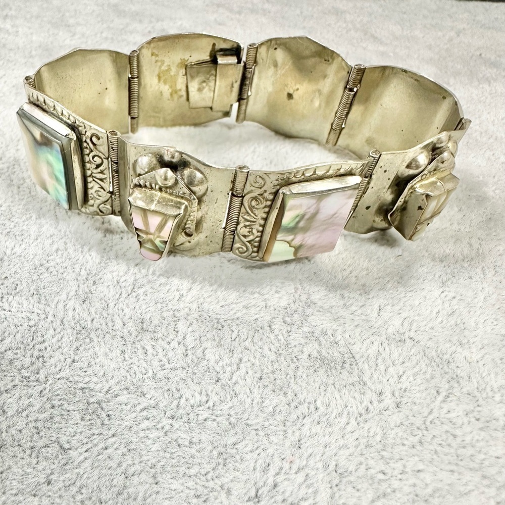 Vintage Mexican Sterling Silver & Abalone Aztec Hinge Panel Bracelet